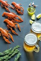 Boiled crayfish with two mugs of beer photo