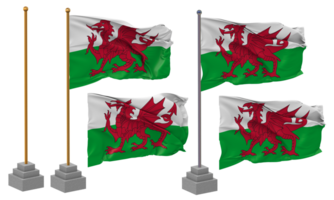 Pays de Galles drapeau agitant différent style avec supporter pôle isolé, 3d le rendu png