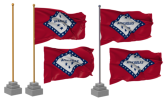 Zustand von Arkansas Flagge winken, Stand, Pole, isoliert, 3d Illustration, 3d Wiedergabe, Flagge, golden, png