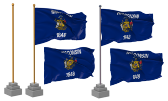 Estado do Wisconsin bandeira acenando diferente estilo com ficar de pé pólo isolado, 3d Renderização png