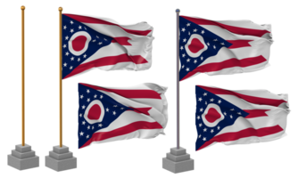 Estado do ohio bandeira acenando diferente estilo com ficar de pé pólo isolado, 3d Renderização png