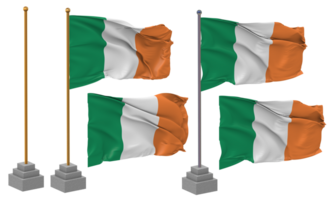 Irlanda bandeira acenando diferente estilo com ficar de pé pólo isolado, 3d Renderização png