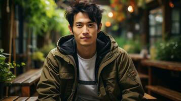 Young handsome asian man in casual wear sitting in outdoor cafe, lifestyle people concept. photo