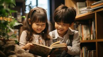 linda asiático pequeño niña y chico leyendo libro juntos en el biblioteca. foto