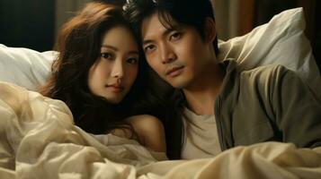 Sad and unhappy asian young couple lying on bed and looking at camera in bedroom. Worried in problems in the relationship. photo