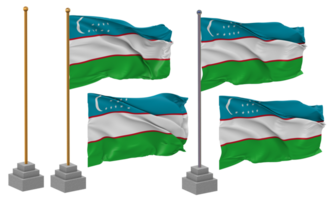 Uzbekistan Flag Waving Different Style With Stand Pole Isolated, 3D Rendering png