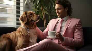 Man in pink suit with coffee and golden retriever dog at home. photo