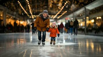 pequeño niña y su abuelo Patinaje en hielo pista a Navidad tiempo. foto