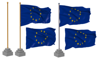 Europese unie, EU vlag golvend verschillend stijl met staan pool geïsoleerd, 3d renderen png