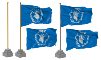 wereld voedsel programma, wfp vlag golvend verschillend stijl met staan pool geïsoleerd, 3d renderen png