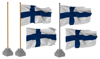 Finlândia bandeira acenando diferente estilo com ficar de pé pólo isolado, 3d Renderização png