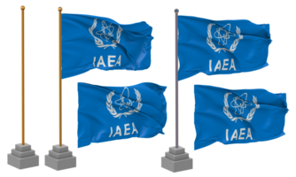 Internationale atomair energie bureau, iaea vlag golvend verschillend stijl met staan pool geïsoleerd, 3d renderen png