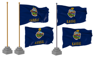 Etat de Kansas drapeau agitant, rester, pôle, isolé, 3d illustration, 3d le rendu, drapeau, doré, png