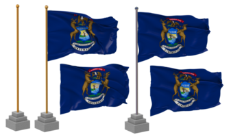 Zustand von Michigan Flagge winken, Stand, Pole, isoliert, 3d Illustration, 3d Wiedergabe, Flagge, golden, png