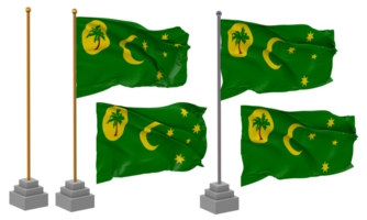 território do cocos ilhas, quilha ilhas bandeira acenando diferente estilo com ficar de pé pólo isolado, 3d Renderização png
