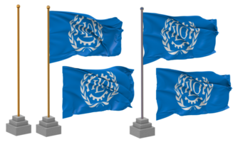 International Labour Organization, ILO Flag Waving Different Style With Stand Pole Isolated, 3D Rendering png