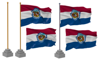 Estado do Missouri bandeira acenando diferente estilo com ficar de pé pólo isolado, 3d Renderização png