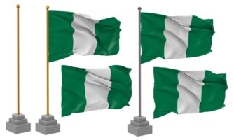 Nigeria drapeau agitant différent style avec supporter pôle isolé, 3d le rendu png