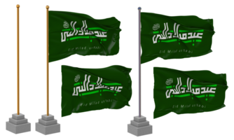 mawlid un nabi cendre chérif, eid milad ONU nabi psl drapeau agitant différent style avec supporter pôle isolé, 3d le rendu png