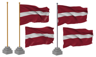 Lettonie drapeau agitant différent style avec supporter pôle isolé, 3d le rendu png