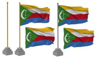 Comores bandeira acenando diferente estilo com ficar de pé pólo isolado, 3d Renderização png