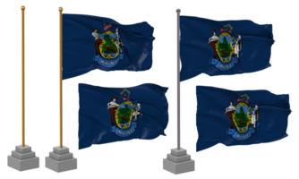 Etat de Maine drapeau agitant, rester, pôle, isolé, 3d illustration, 3d le rendu, drapeau, doré, png