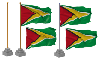 Guyana vlag golvend verschillend stijl met staan pool geïsoleerd, 3d renderen png