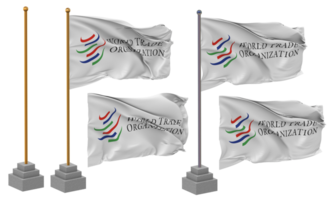 Welt Handel Organisation, wto Flagge winken anders Stil mit Stand Pole isoliert, 3d Rendern png