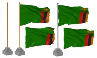 Zambia vlag golvend verschillend stijl met staan pool geïsoleerd, 3d renderen png