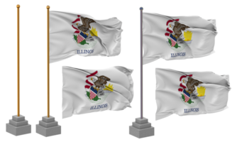 Zustand von Illinois Flagge winken, Stand, Pole, isoliert, 3d Illustration, 3d Wiedergabe, Flagge, golden, png