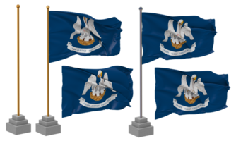 Zustand von Louisiana Flagge winken, Stand, Pole, isoliert, 3d Illustration, 3d Wiedergabe, Flagge, golden, png