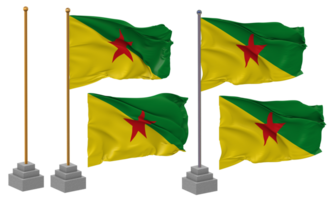 Frans Guyana vlag golvend verschillend stijl met staan pool geïsoleerd, 3d renderen png