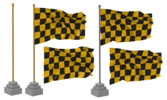 racing zwart en geel geruit vlag golvend verschillend stijl met staan pool geïsoleerd, 3d renderen png