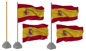 Spanien Flagge winken, Stand, Pole, isoliert, 3d Illustration, 3d Wiedergabe, Flagge, golden, png