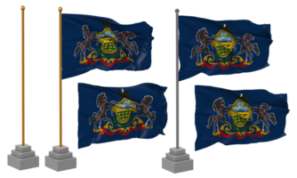 Zustand von Pennsylvania Flagge winken, Stand, Pole, isoliert, 3d Illustration, 3d Wiedergabe, Flagge, golden, png