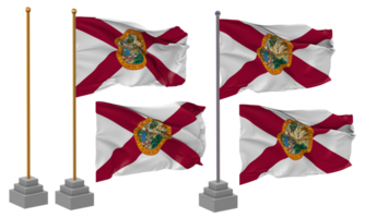 Zustand von Florida Flagge winken, Stand, Pole, isoliert, 3d Illustration, 3d Wiedergabe, Flagge, golden, png