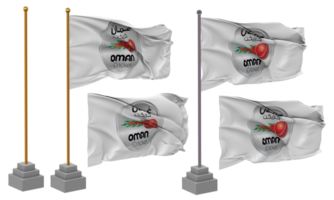 Oman nationale criquet équipe, Oman criquet planche drapeau agitant différent style avec supporter pôle isolé, 3d le rendu png