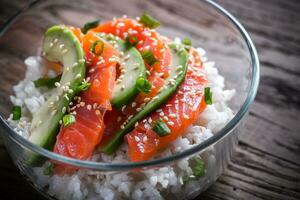 White rice with salmon and avocado photo