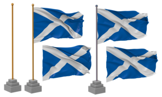 Escocia bandera ondulación, pararse, polo, aislado, 3d ilustración, 3d representación, bandera, dorado, png