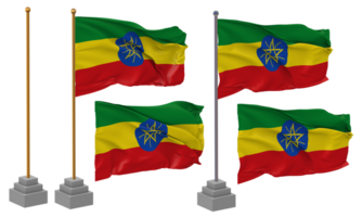 Ethiopie drapeau agitant différent style avec supporter pôle isolé, 3d le rendu png