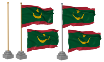 mauritania vlag golvend verschillend stijl met staan pool geïsoleerd, 3d renderen png