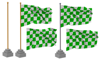 Racing Green and White Checkered Flag Waving Different Style With Stand Pole Isolated, 3D Rendering png