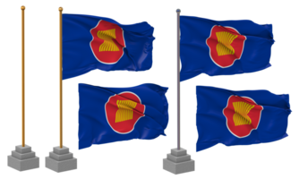 association de sud-est asiatique nations, asean drapeau agitant différent style avec supporter pôle isolé, 3d le rendu png