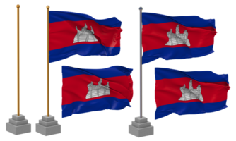 Cambodja vlag golvend verschillend stijl met staan pool geïsoleerd, 3d renderen png