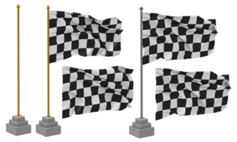 Racing Black and White Checkered Flag Waving Different Style With Stand Pole Isolated, 3D Rendering png