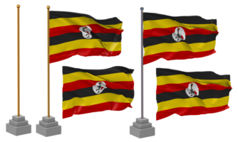 Uganda Flag Waving, Stand, Pole, Isolated, 3d illustration, 3d rendering, Flag, Golden, png