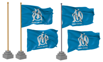 olympique de marseille drapeau agitant différent style avec supporter pôle isolé, 3d le rendu png