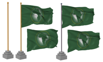 Afrikaanse unie vlag golvend verschillend stijl met staan pool geïsoleerd, 3d renderen png