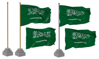 KSA, Kingdom of Saudi Arabia Flag Waving Different Style With Stand Pole Isolated, 3D Rendering png