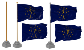 Zustand von Indiana Flagge winken, Stand, Pole, isoliert, 3d Illustration, 3d Wiedergabe, Flagge, golden, png